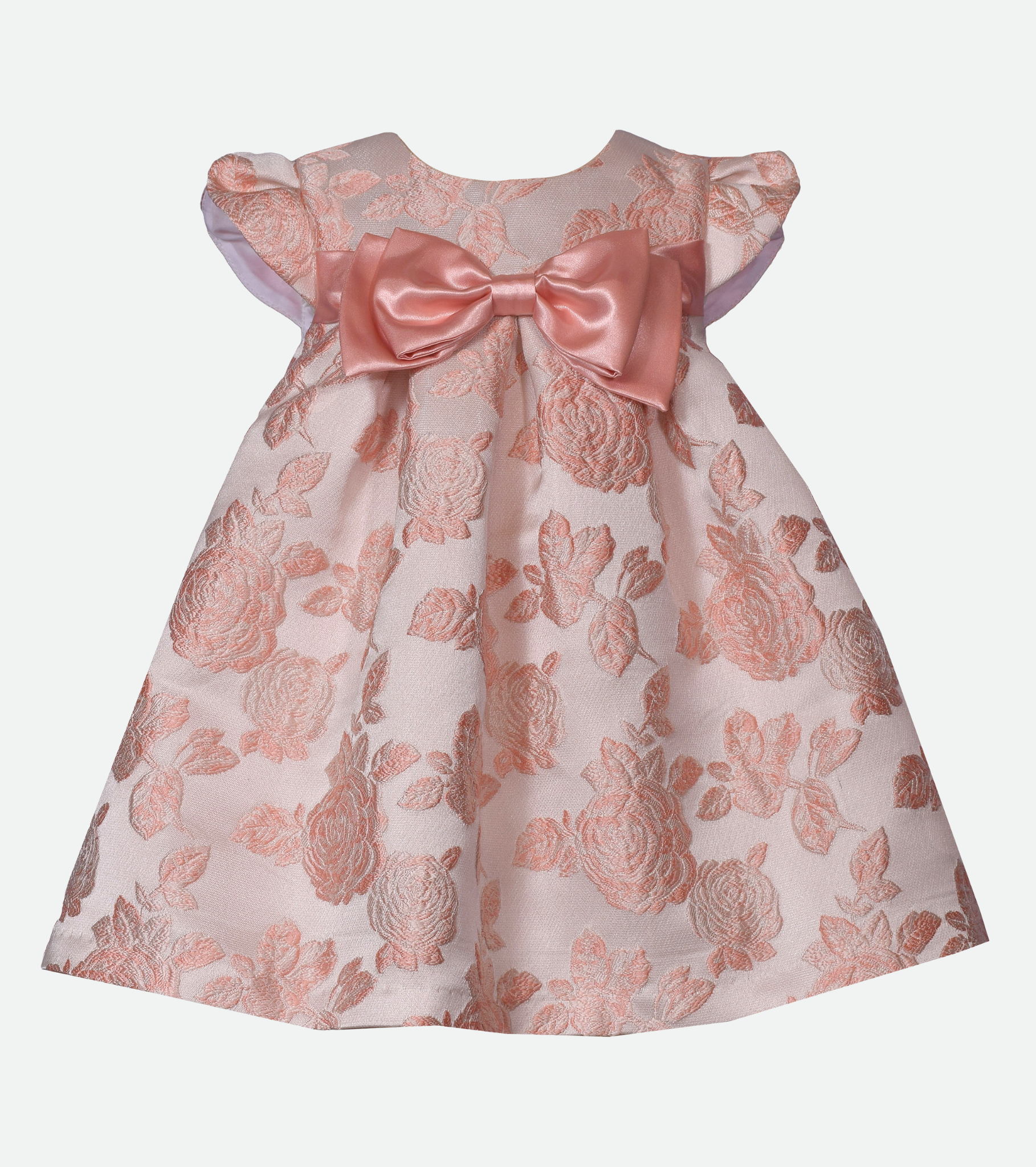 Baby girls party dress with metallic jacquard floral fabric and oversize bow