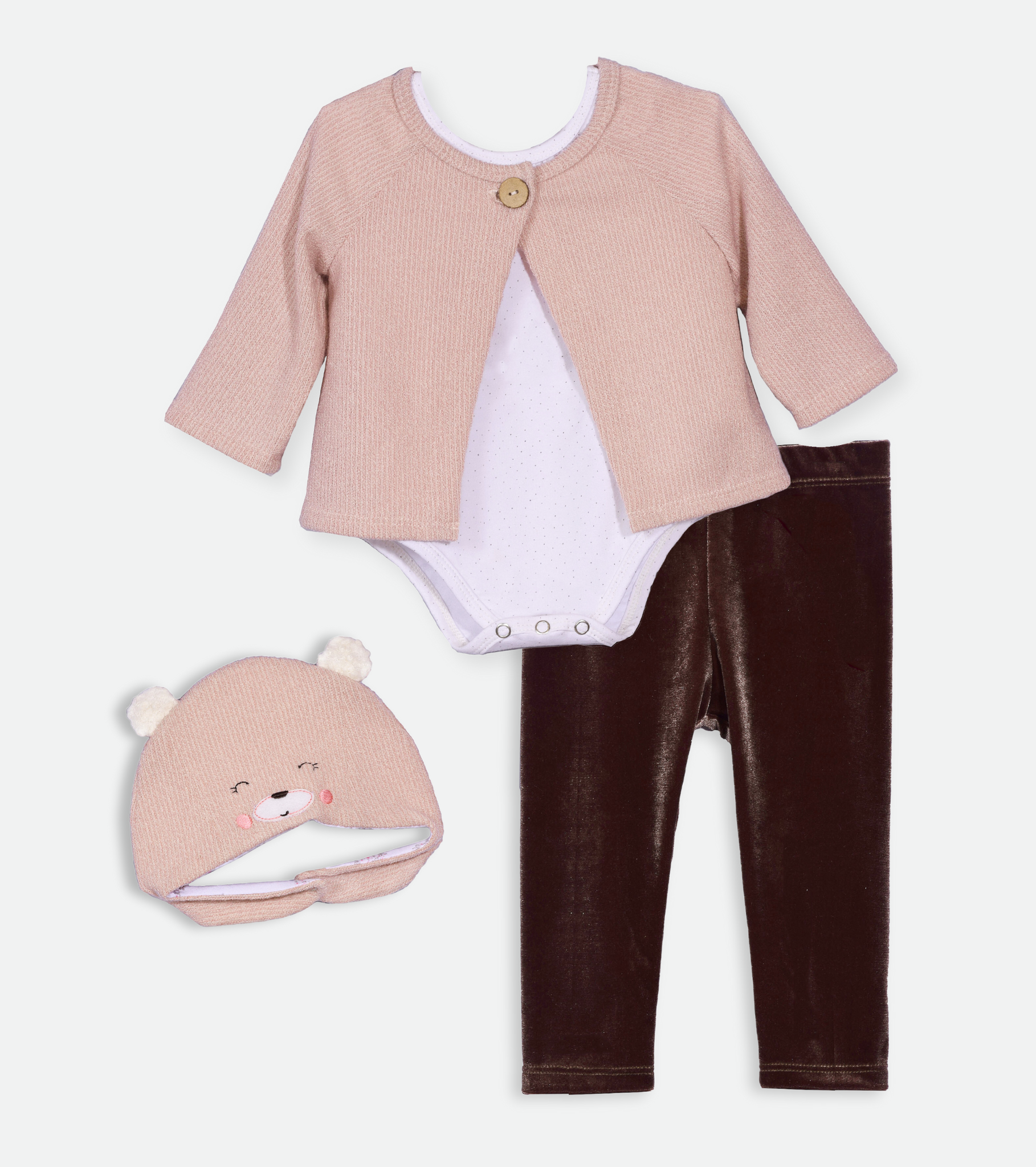 Baby onesie set with sweater and bear hat for baby girl