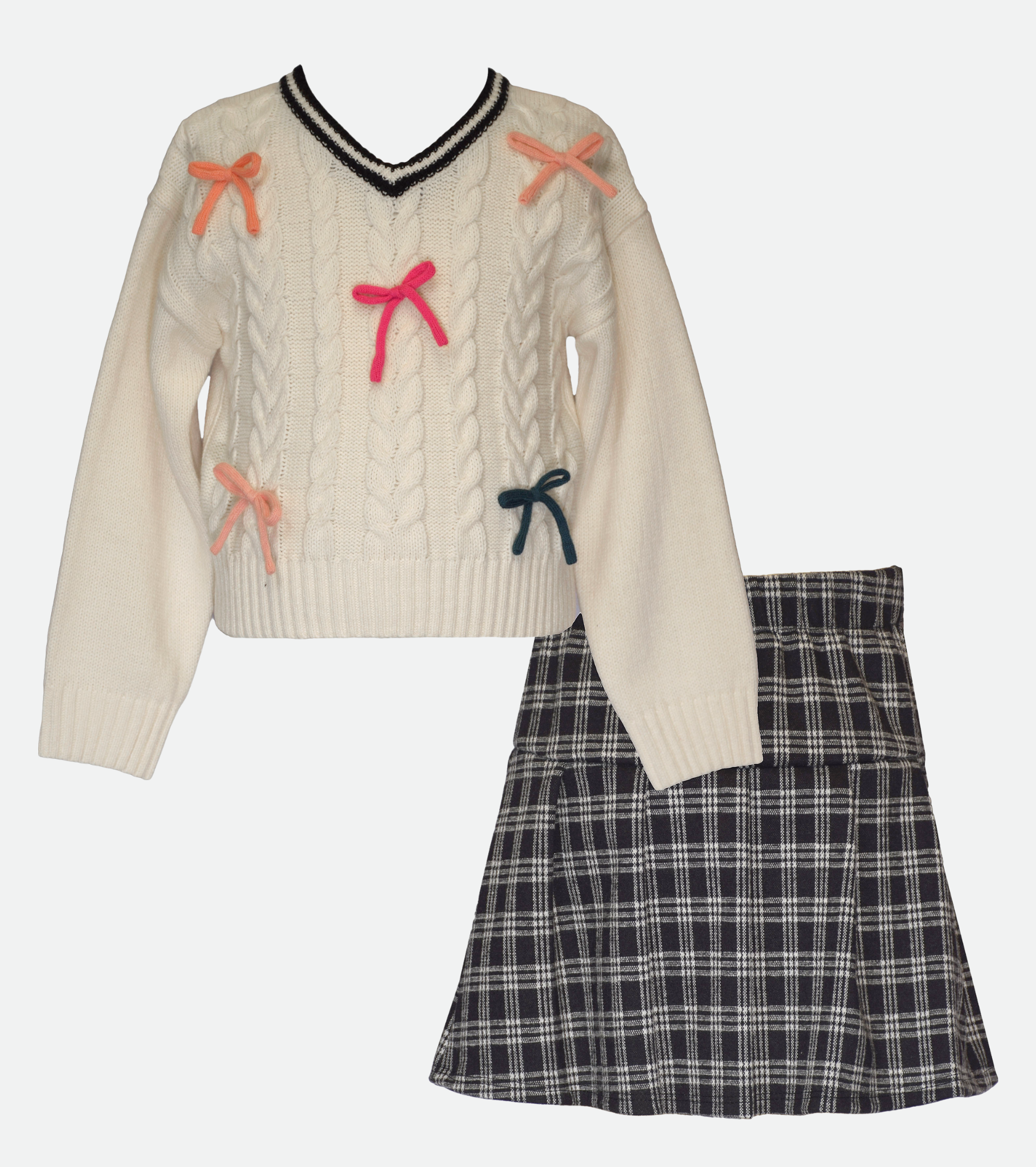Bow Sweater and Plaid Skirt Set for Girls Back to School