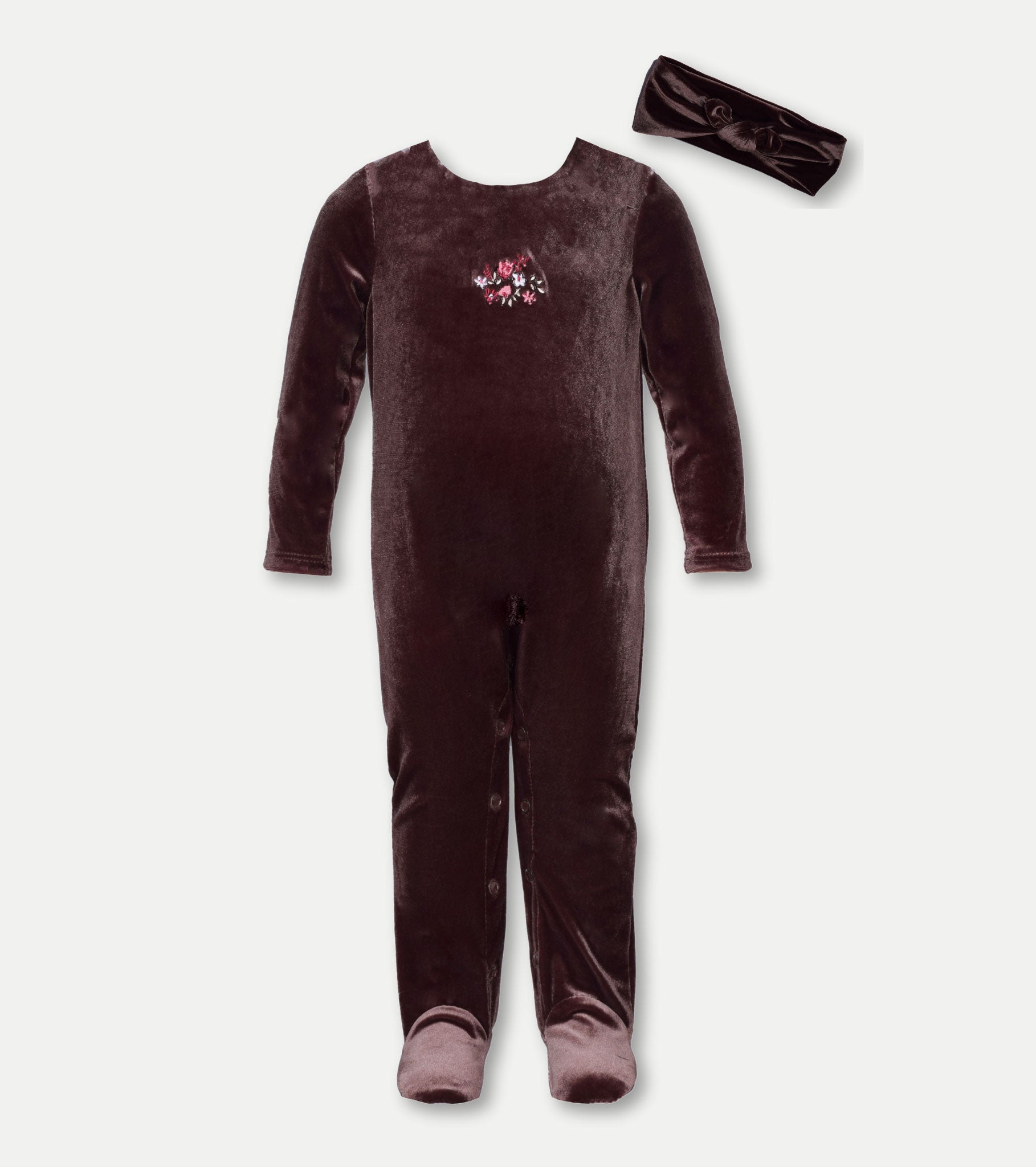 Brown floral embroidered velvet footed onesie for baby girl with headband