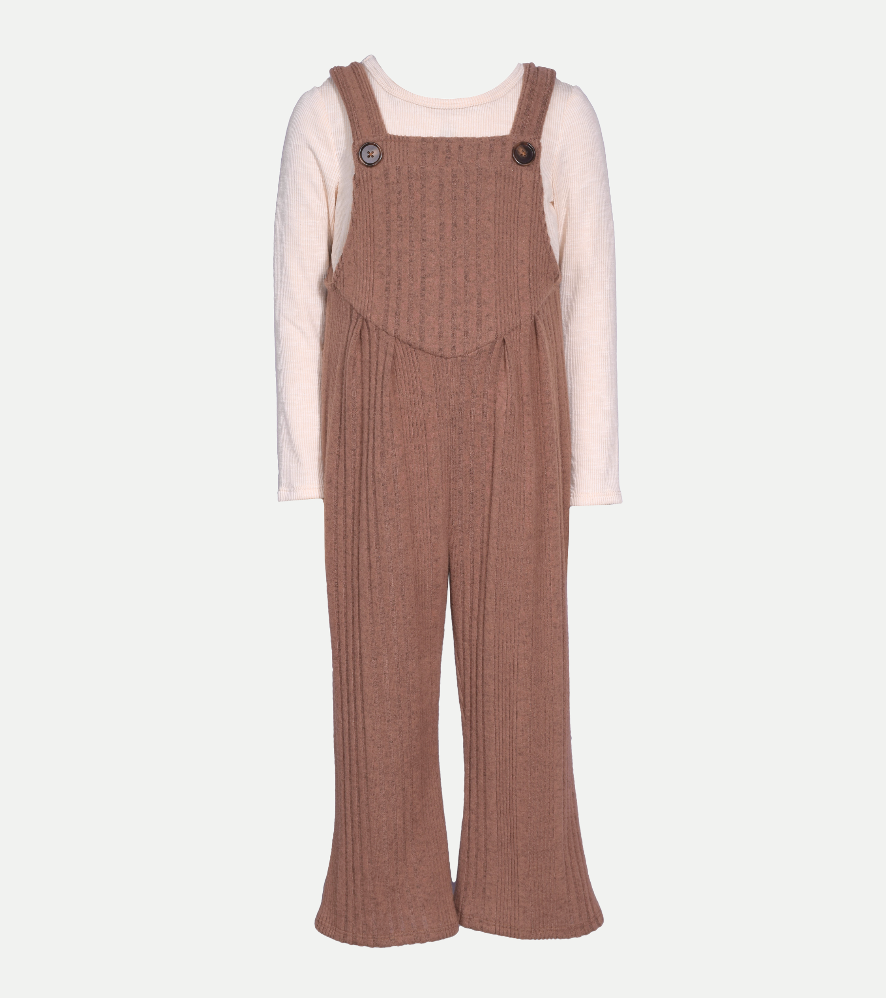 Brown knit overalls for girls with long sleeve top set