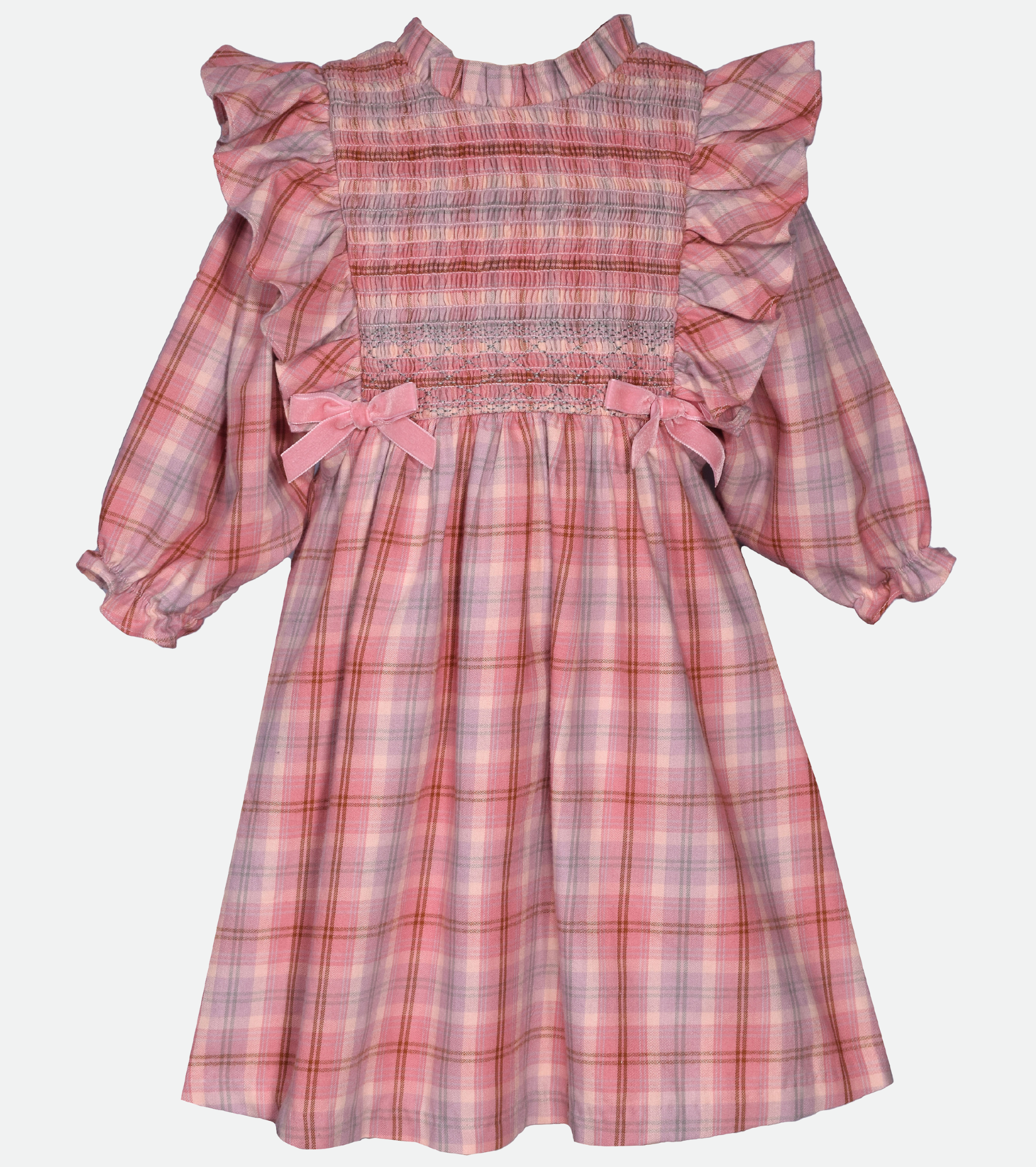 Fall smocked plaid dress for little girl pinafore ruffles and long sleeves