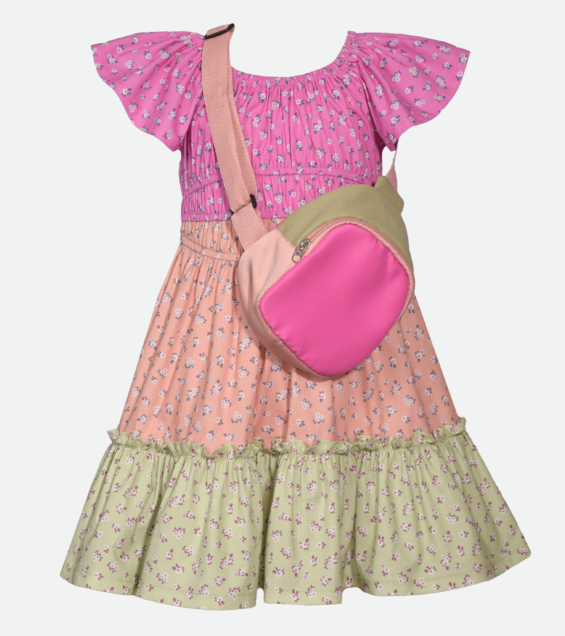 Floral Mixed Print Dress for Girls with Bag Set