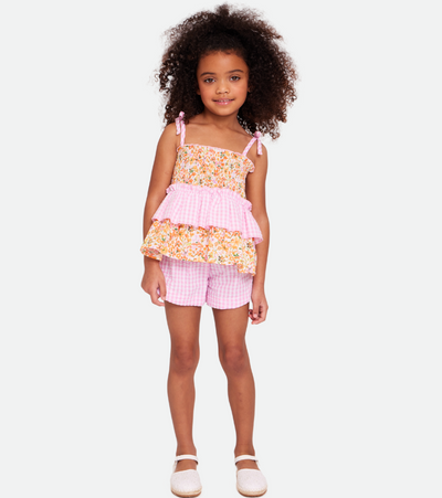 Floral and gingham print short set for girls outfit set