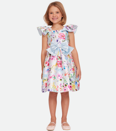 Girls Party Dress in blue floral party dress for girls with flutter sleeves
