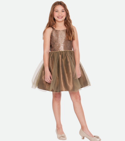 Tween girls party dress with gold sequins and ballerina skirt 