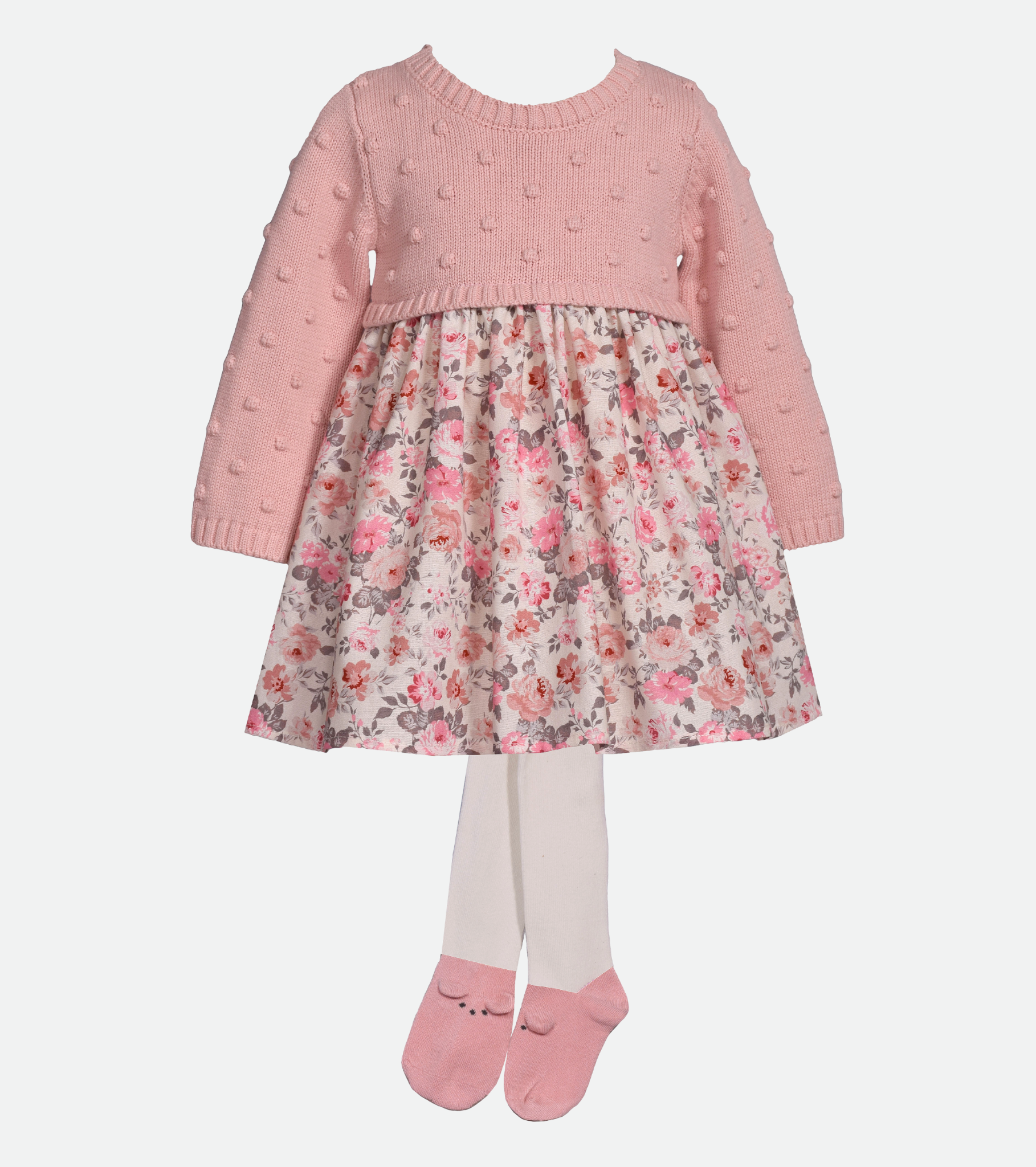Pink Floral sweater dress for baby girl with matching tights