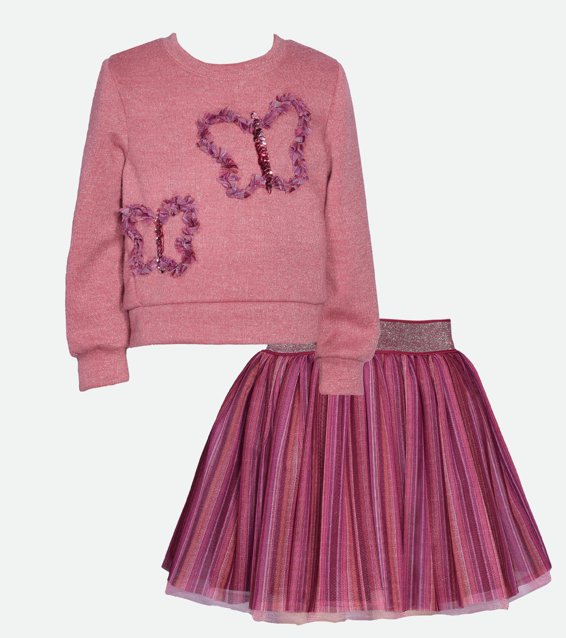 Pink butterfly sweater and skirt set for girls