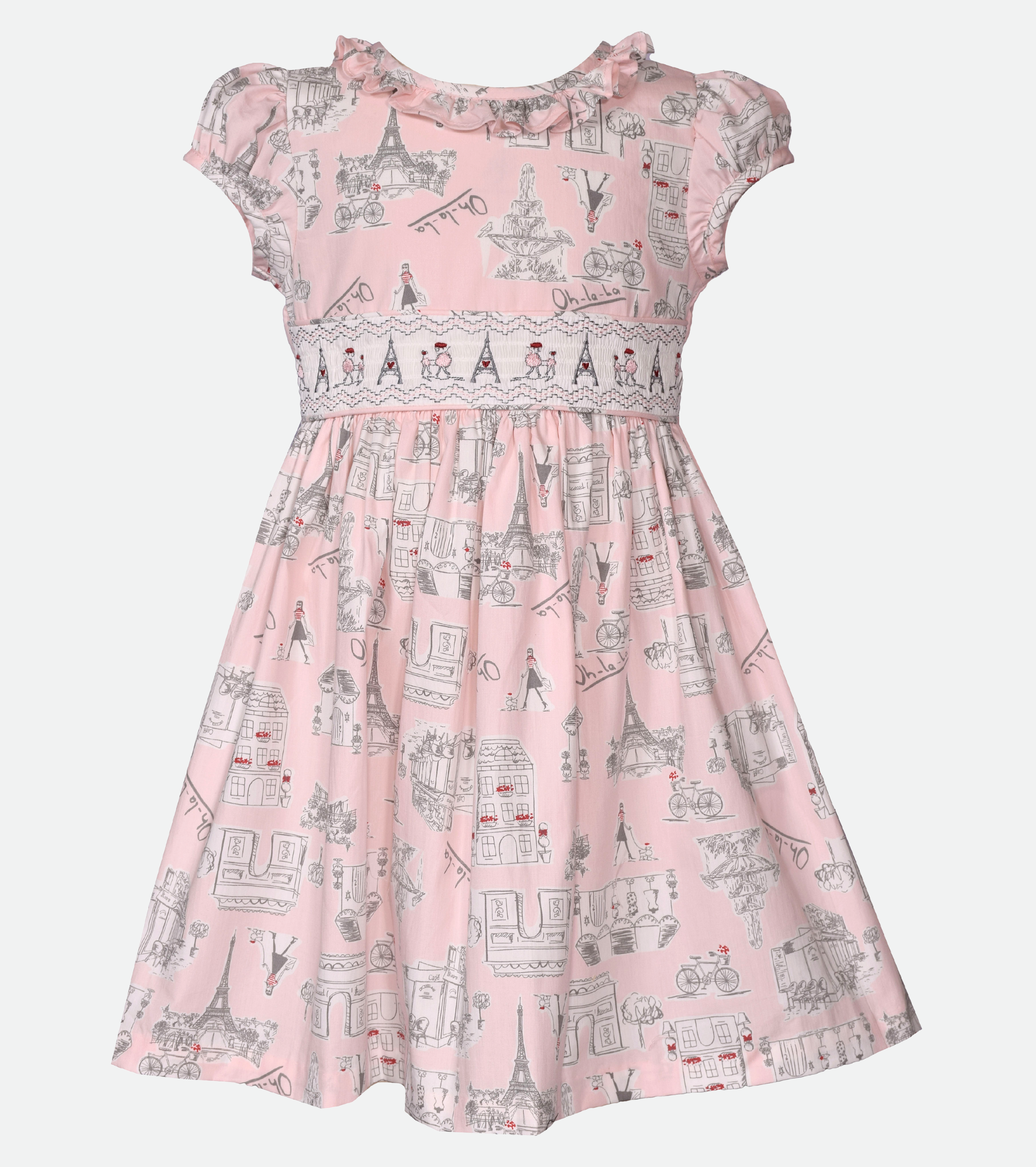 Pink paris print smocked dress for girls Parisian print embroidered dress