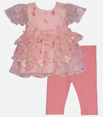 Girls outfit set with pink ruffle top and knit leggings