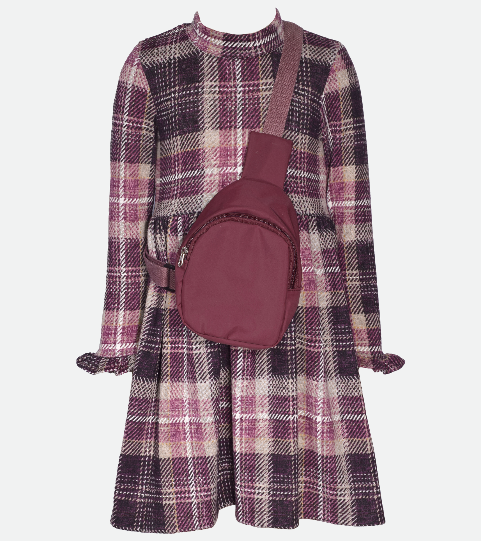 Purple plaid long sleeve dress with bag for girls