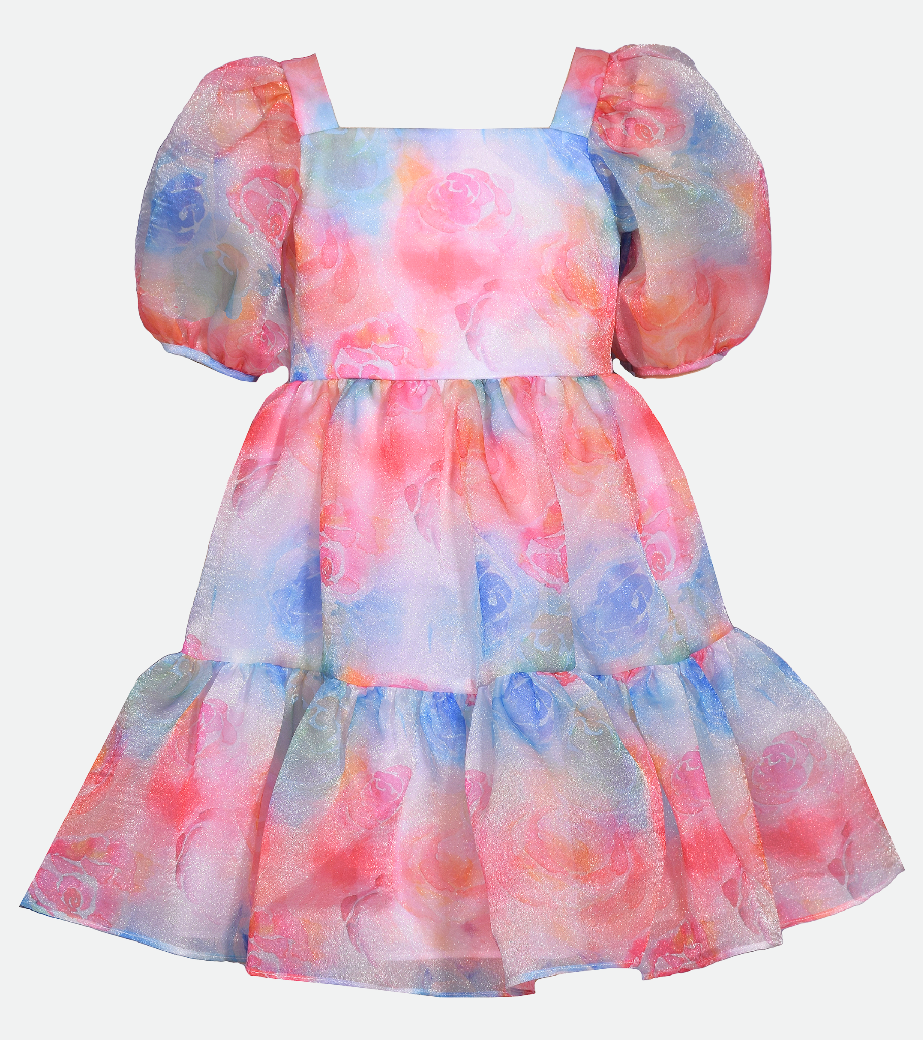 Rainbow Puff Sleeve Party Dress for Girls