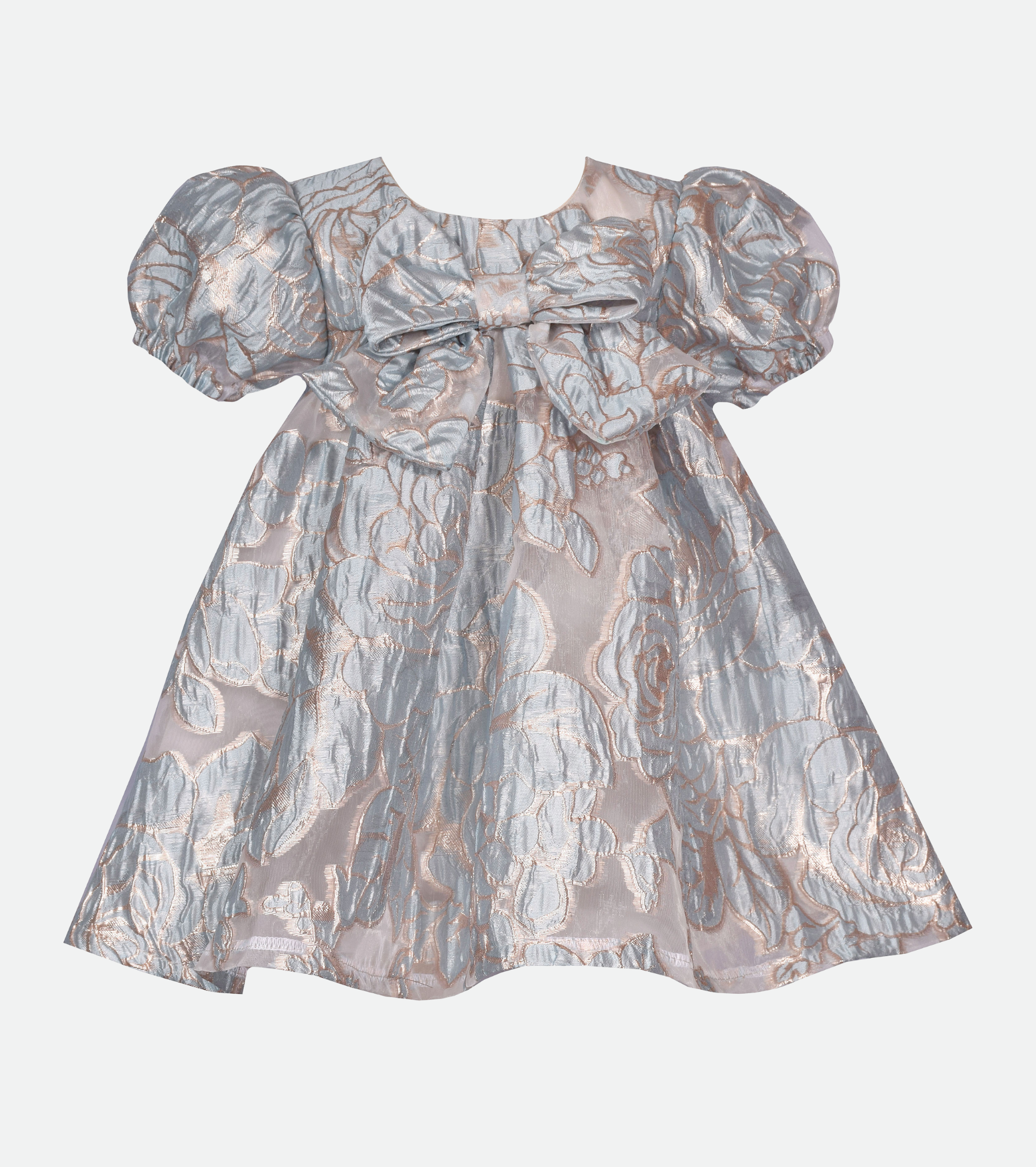 Silver Floral Party Dress for Baby Girl with Puff Sleeves