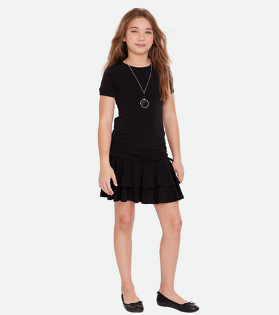 Tween girls black ruched dress and matching necklace 