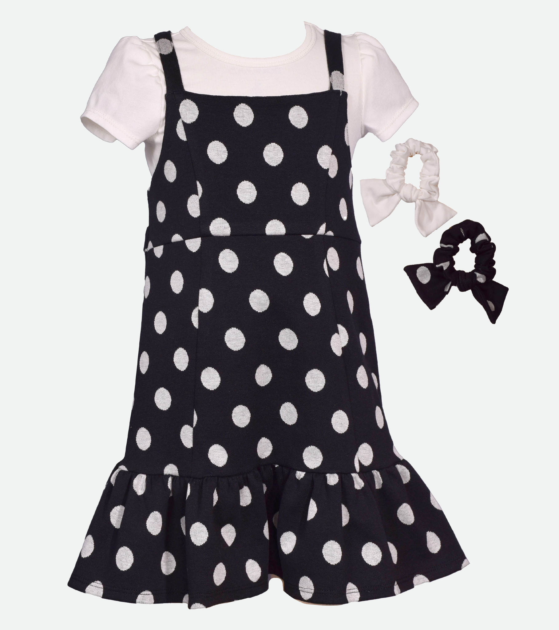 black and white polka dot jumper dress for girls with scrunchies