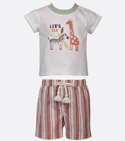 adorable graphic tee with animals and "Lets Get Wild" print to matching textured woven shorts.