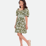 Olive Floral Peasant Dress - Image
