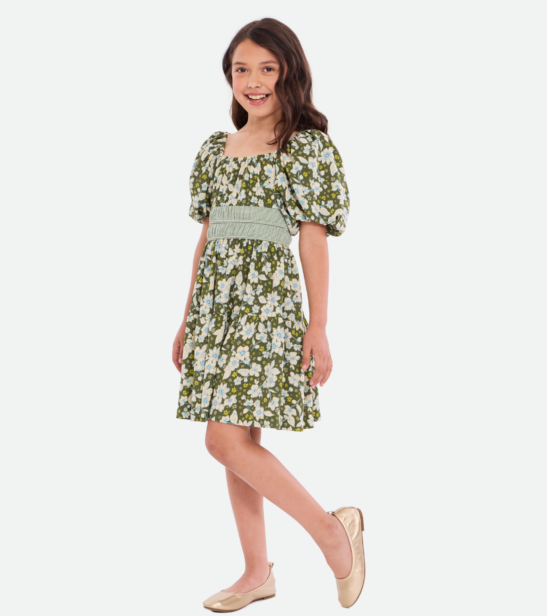 Olive Floral Peasant Dress