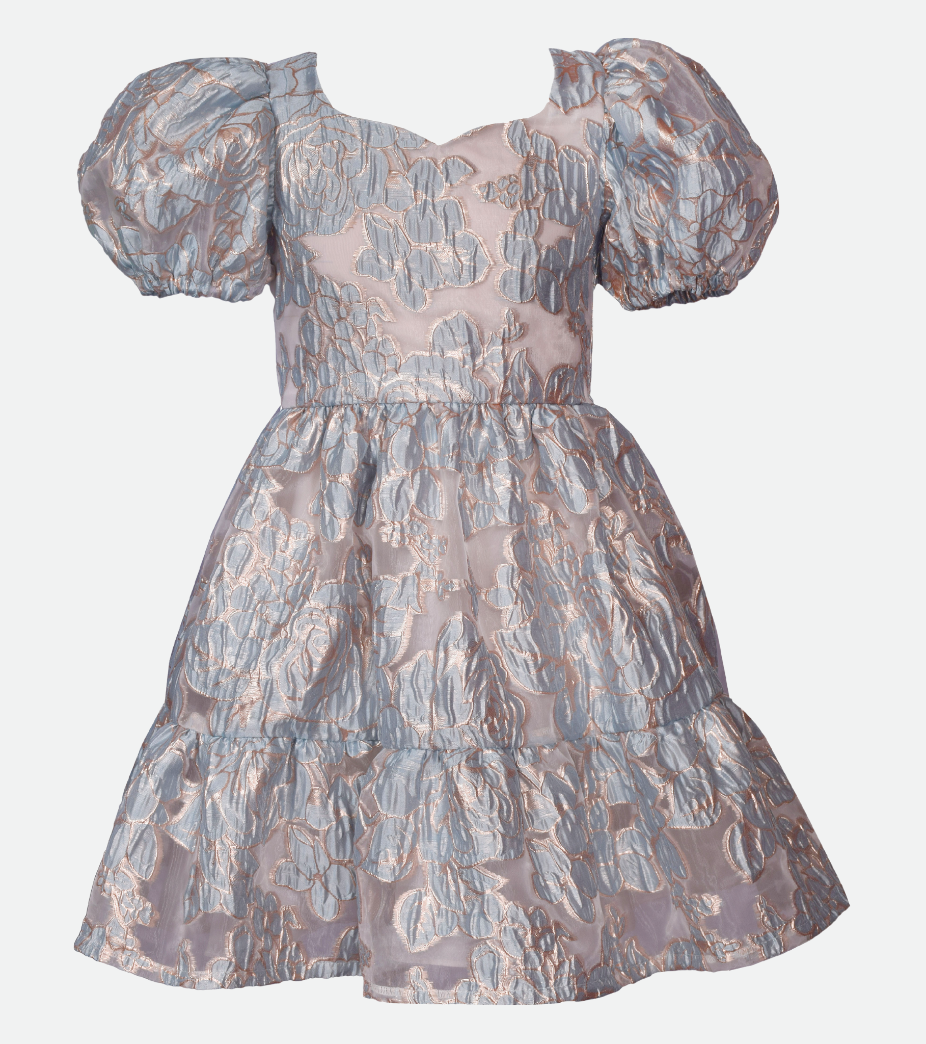 Silver Floral Party Dress for Girls Puff Sleeve Jacquard Dress