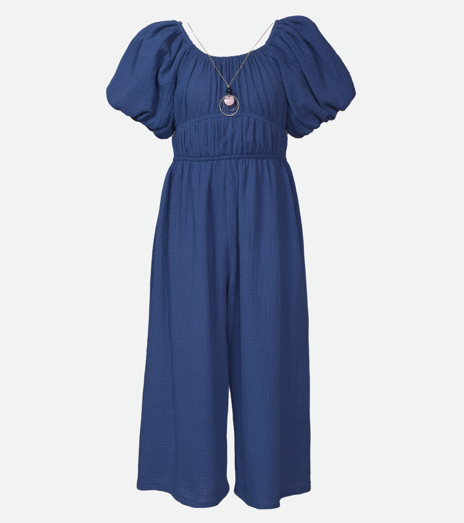 Blue jumpsuit for girls with puff sleeves