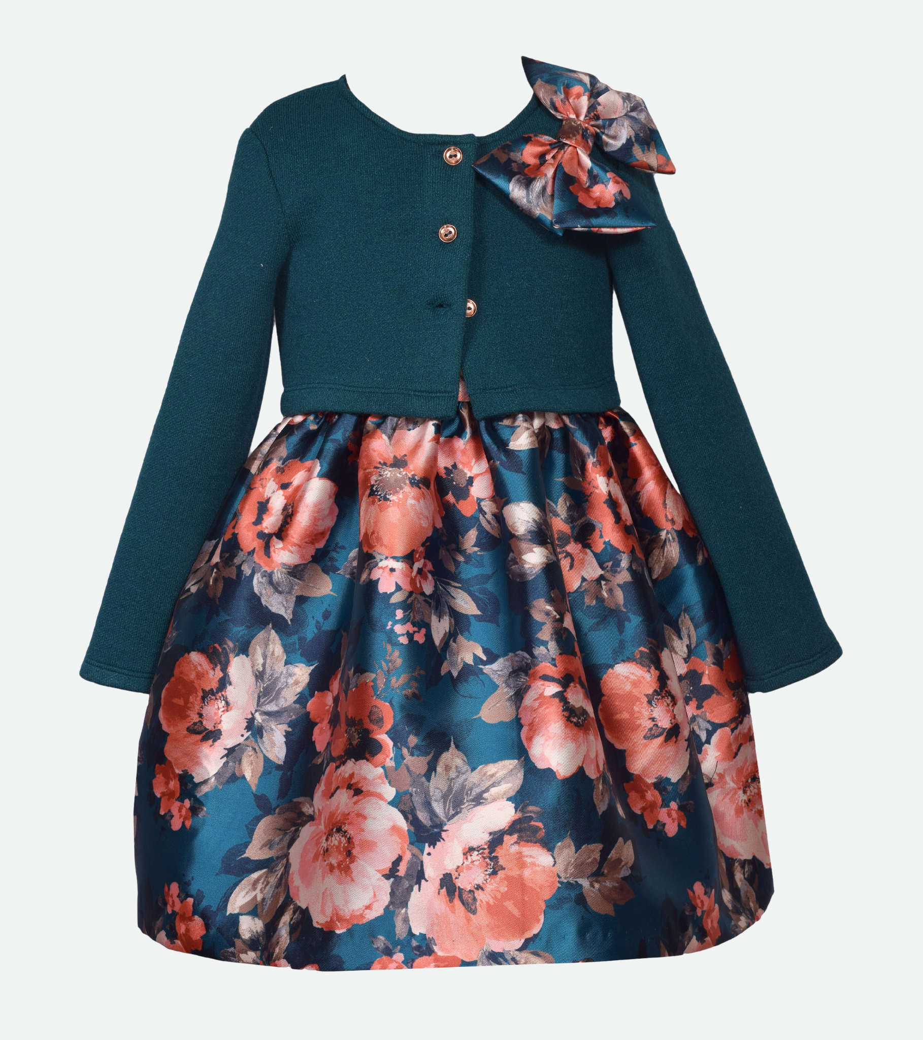Teal Girls Floral Party Dress with Cardigan for Girls
