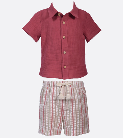 Short-sleeved button down shirt in breezy gauze & striped seersucker shorts.