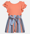 Orange romper for girls with striped shorts and paper bag waist 
