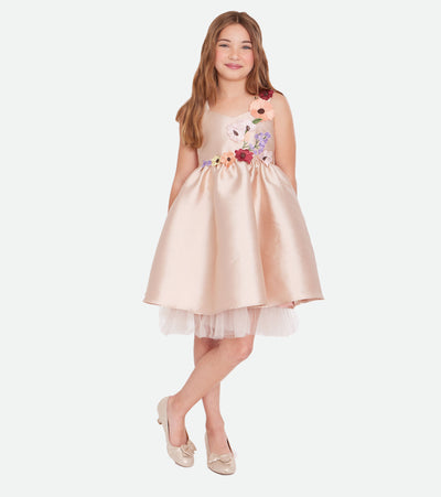 girls party dress with appliqued flowers on bodice and shoulder