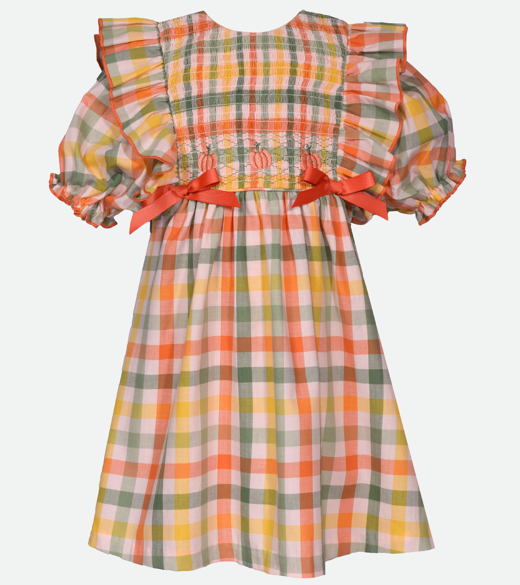 Thanksgiving dresses for girls plaid dress with smocked pumpkin embroidery and pinafore ruffles in fall colors