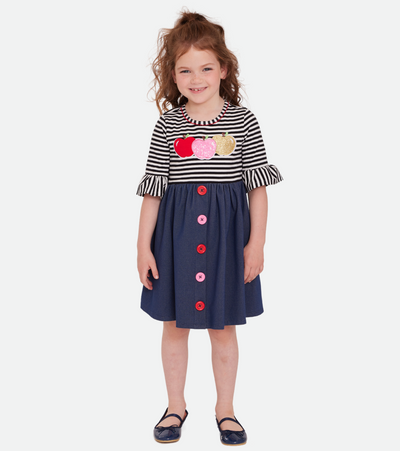 back to school dress with apples applique and denim skirt