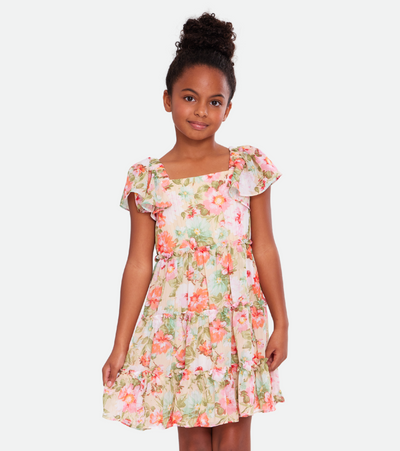 Floral dress for girls pink chiffon dress with tiered skirt