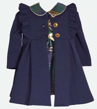 Holiday Little Girls Dress and Coat Set with Navy Coat to Plaid Dress