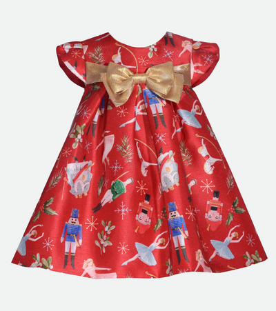 Matching sister christmas dress for baby girl in red with nutcracker print