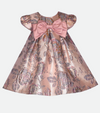 Baby girls party dress with metallic jacquard floral fabric and oversize bow