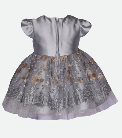 Baby girls silver party dress with lace embroidered skirt 