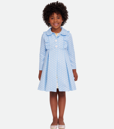 Easter outfits for girls with floral dress and blue coat set with  polka dot