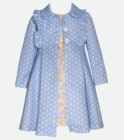 Easter outfits for girls with floral dress and blue coat set with  polka dot