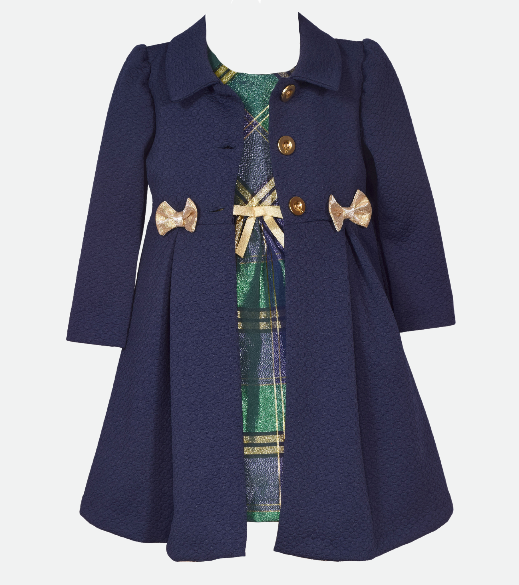 Bonnie Jean’s Classic Christmas Dress and Coat Set for Girls. Green  and blue Plaid dress with coat set for girls