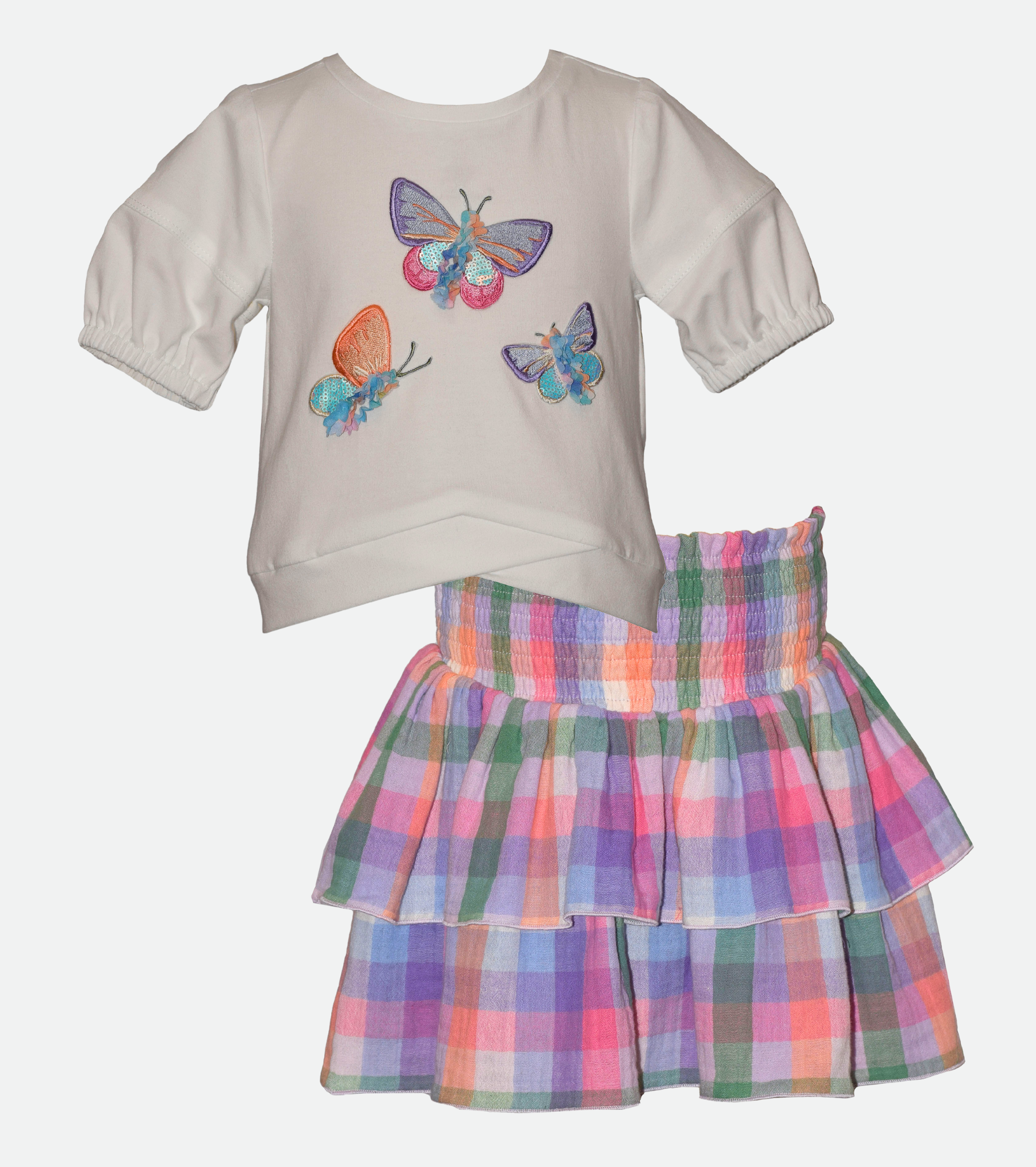 Girls Butterfly Skirt Set Plaid Skirt