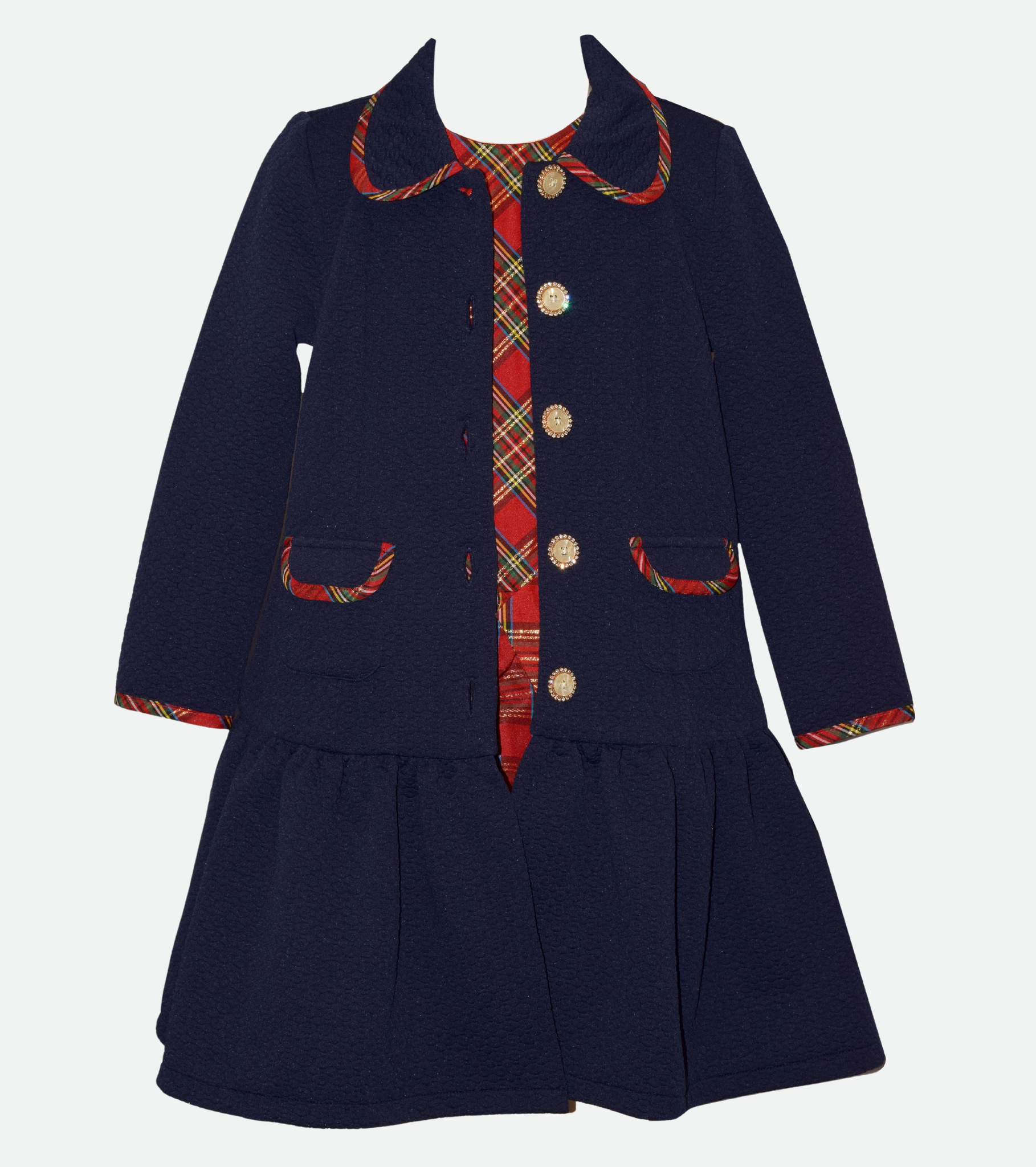 Christmas Coat Set for Girls Navy Coat and Plaid Dress Set
