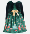 Christmas dress for girls with nutcracker print and matching green velvet cardigan 