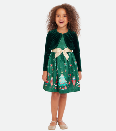 Christmas dress for girls with nutcracker print and matching green velvet cardigan 