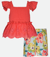 coral floral smocked top and short set for girls outfit set