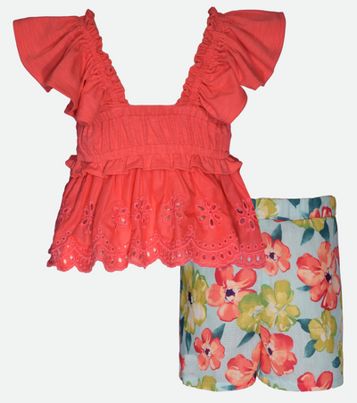 coral floral smocked top and short set for girls outfit set
