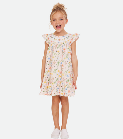 Smocked dress with embroidery and floral print