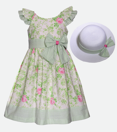 Easter dress for girls with matching hat in green floral