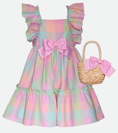 Girls Easter Dresses  with bag in pastel plaid linen