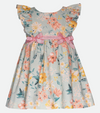 Blue pinafore ruffle floral dress for girls in linen