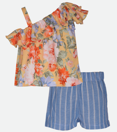 Blue floral short set  for girls outfit set with ruffle top and striped shorts 