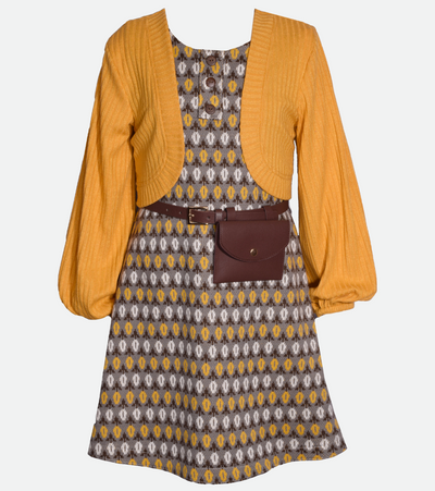 Tween girls knit dress and cardigan set outfit with geometric print shift dress and yellow cardigan and bag